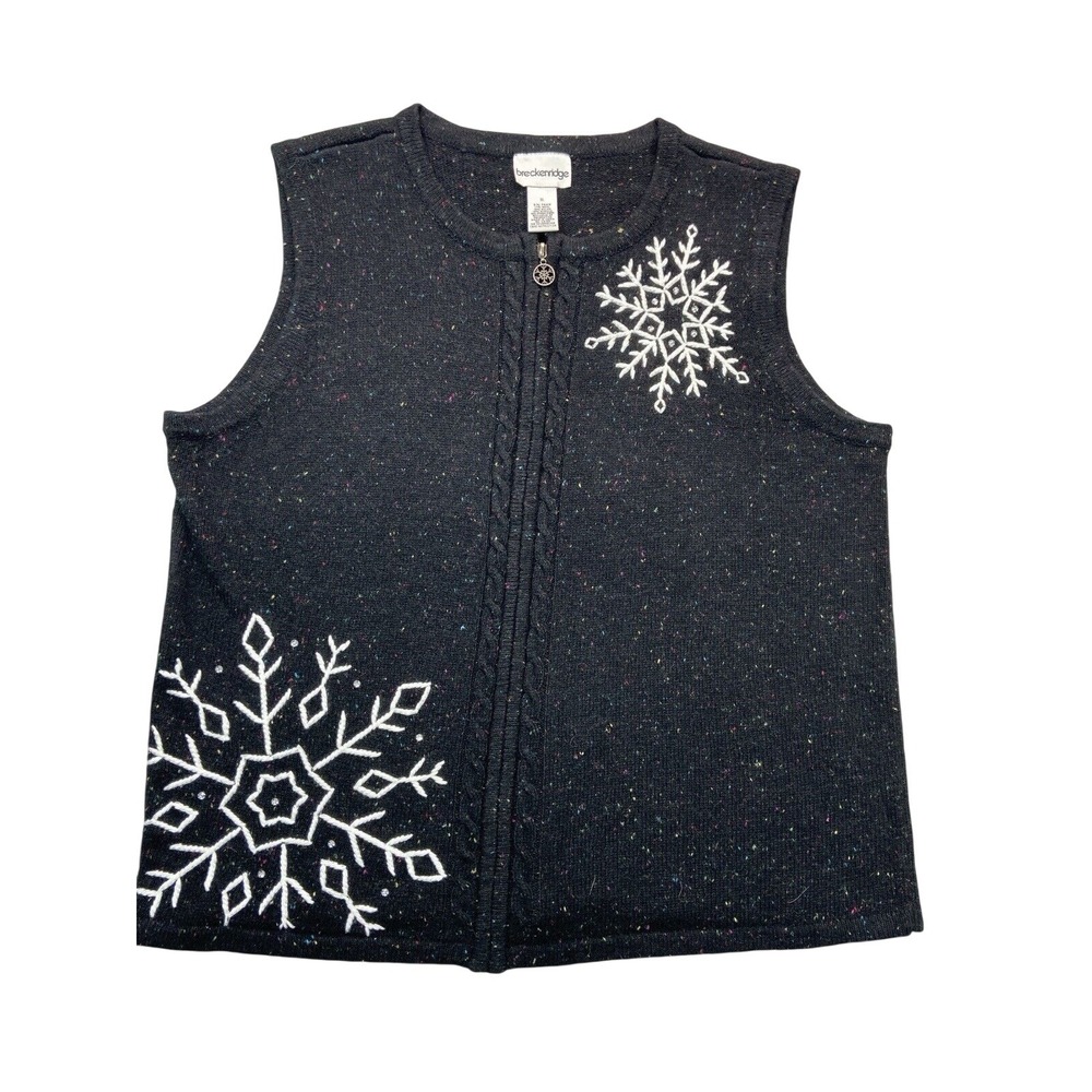 Breckenridge Sweater Vest Womens XL Gray Snowflake Zip Cable Knit Holiday